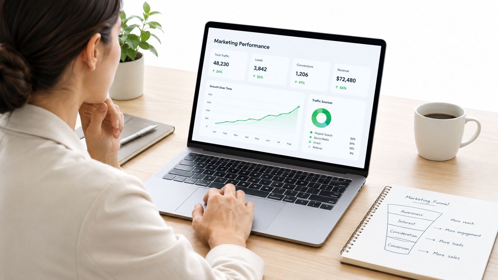 A professional woman working on a laptop displaying marketing performance analytics charts and marketing funnel notes.