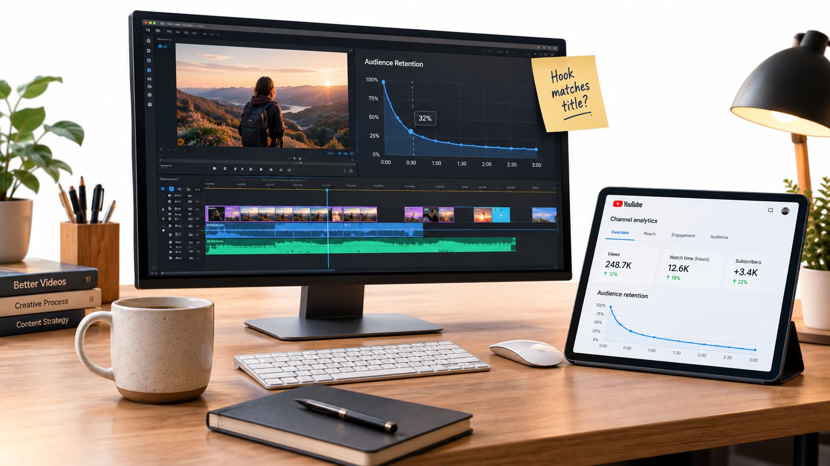 A professional video editing workspace featuring a computer monitor with analytics and a tablet showing YouTube statistics.