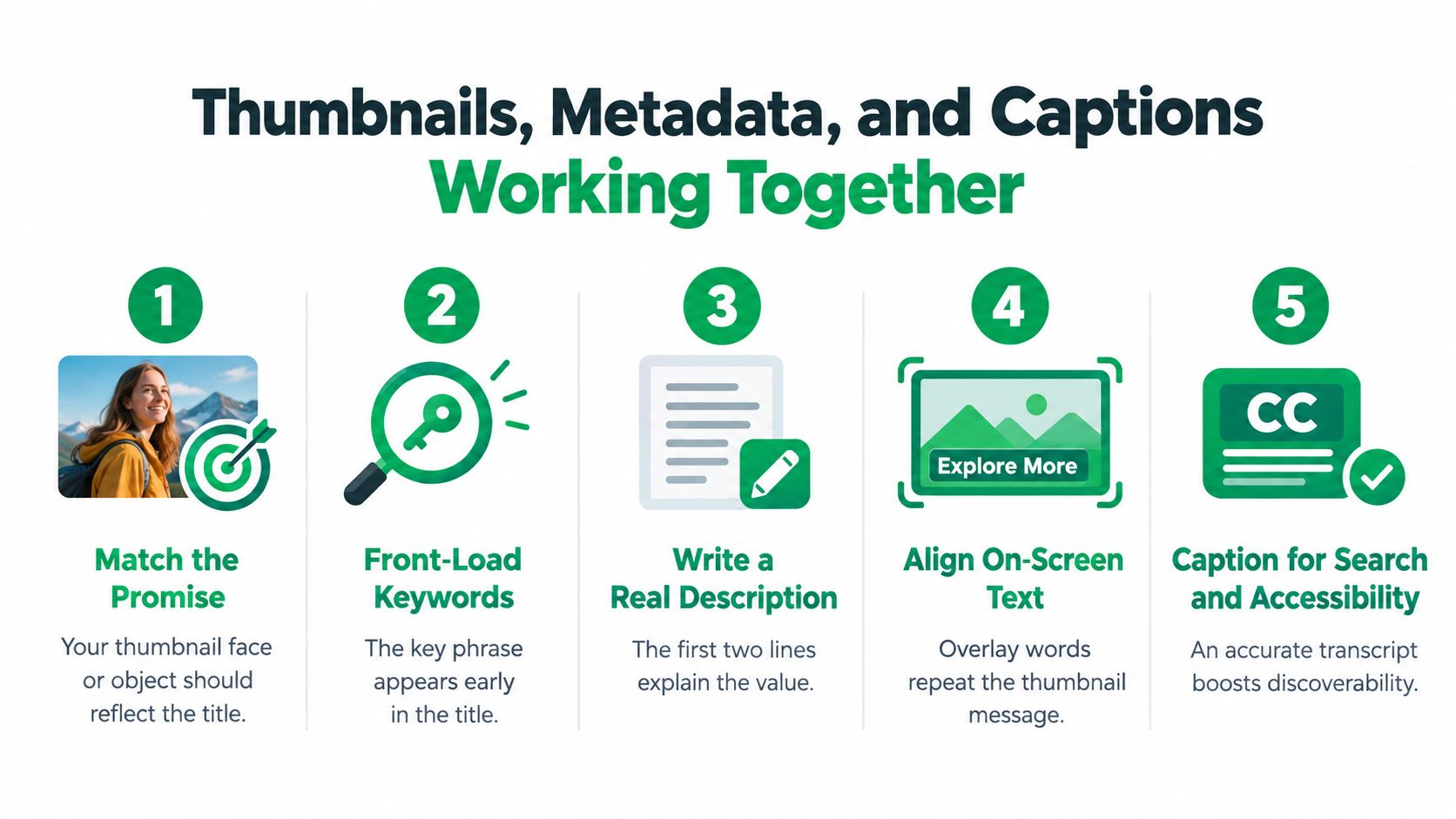 A five-step infographic illustrating how thumbnails, metadata, and captions work together for better video optimization.