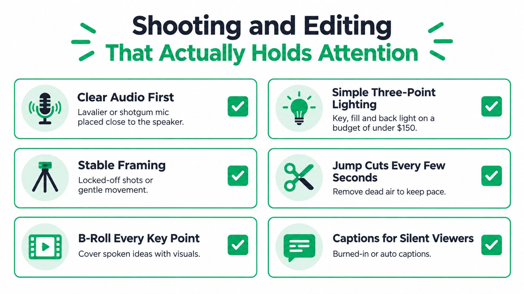 A graphic featuring six essential video production and editing tips to keep viewer attention effectively.
