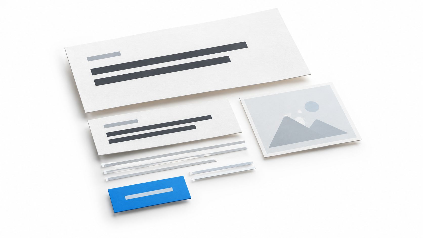 A minimalist flat lay of branding stationery featuring papers with abstract lines and a mountain graphic icon.
