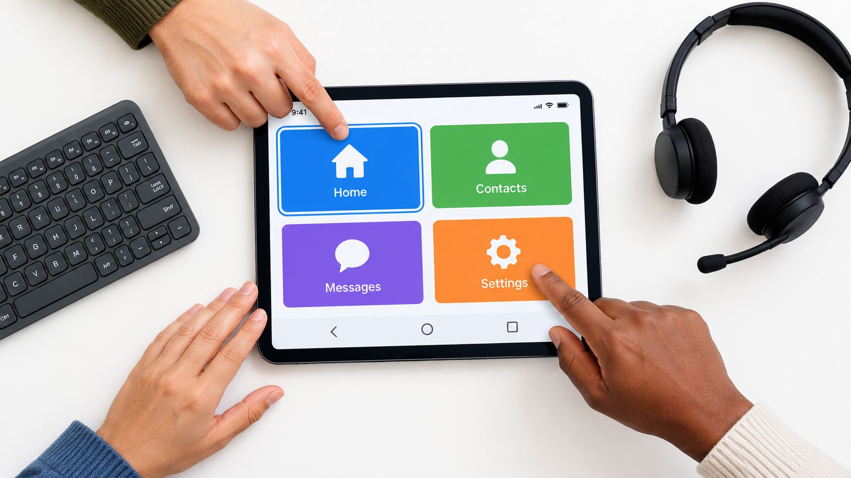 Two people using a tablet to navigate a user interface, highlighting modern web design best practices.