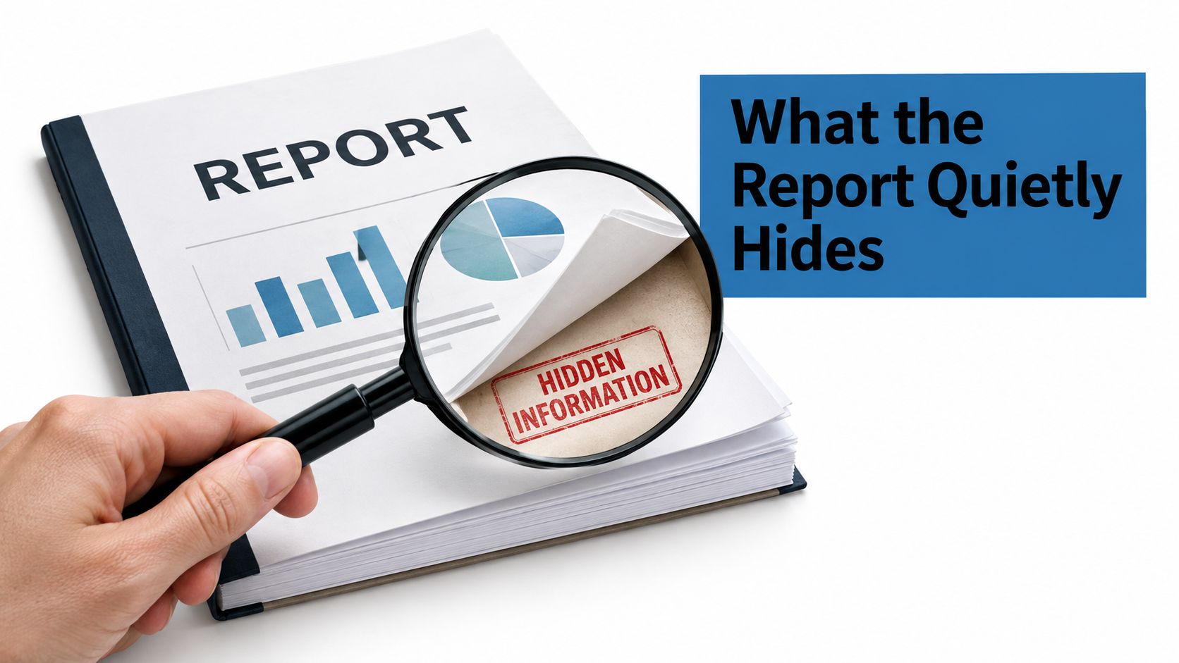 A hand holds a magnifying glass over a report, revealing hidden information stamped underneath a page flap.