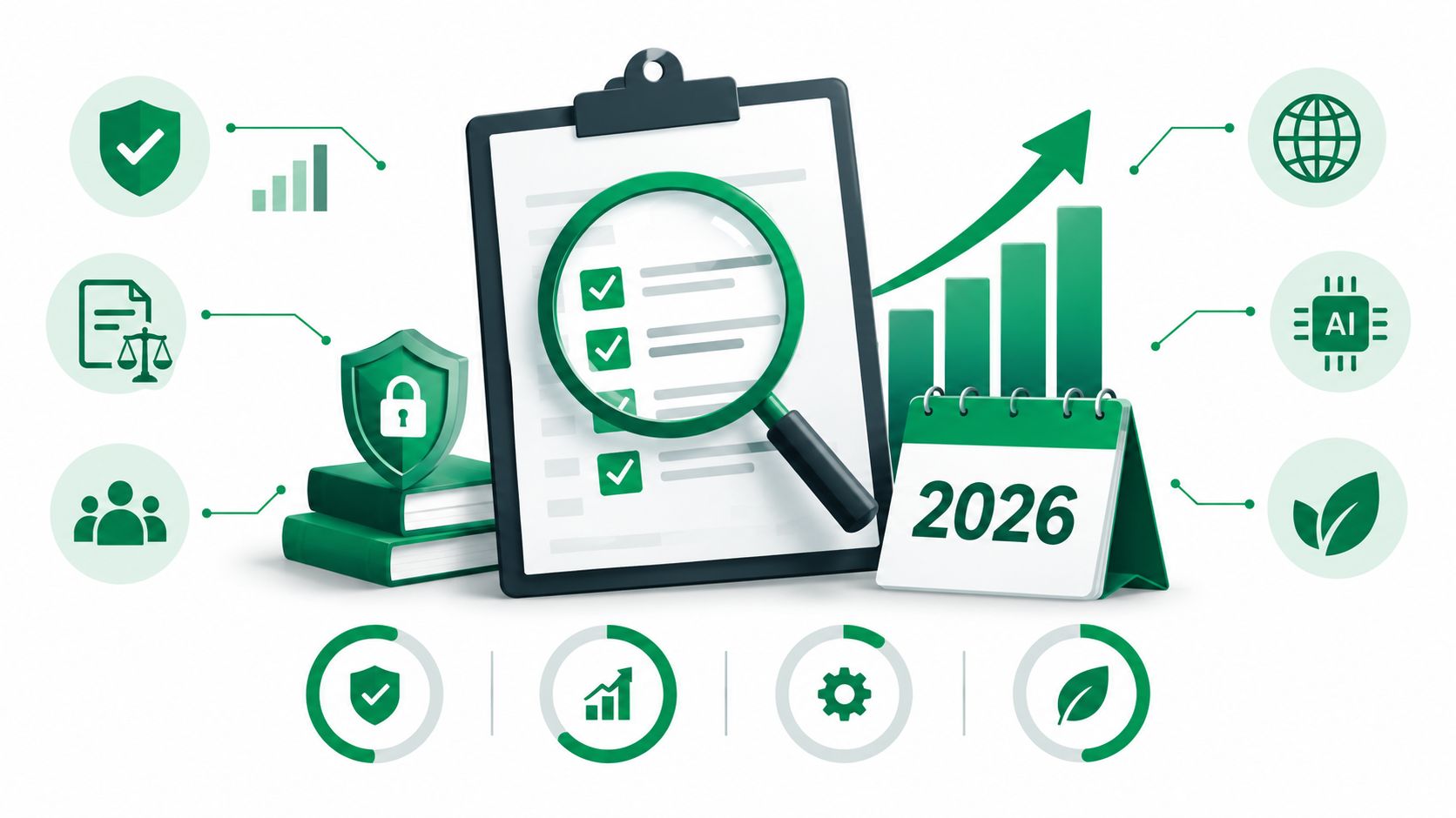 A 3D illustration of a site audit process featuring a clipboard, magnifying glass, growth charts, and 2026 calendar.